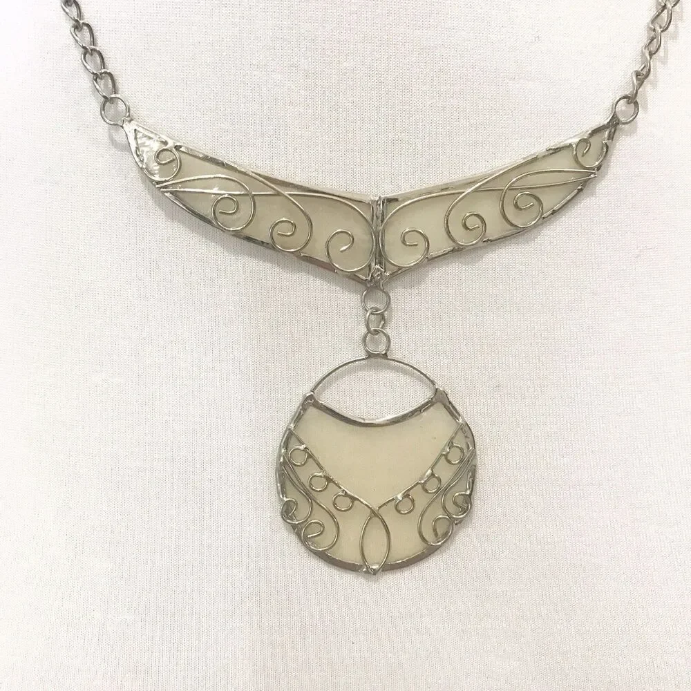 FairTrade Handcrafted Silver Scroll Metal Necklace With Abalone Shell Insert‎